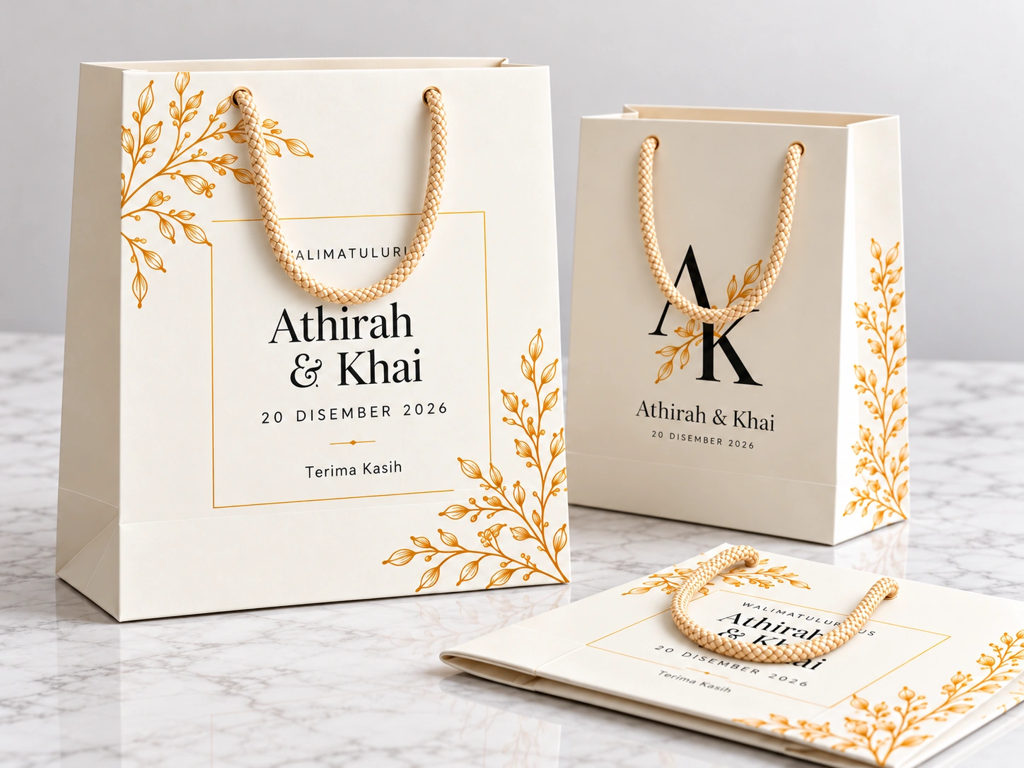 Ivory artcard wedding paper bags with gold botanical print and hanging cream braided rope