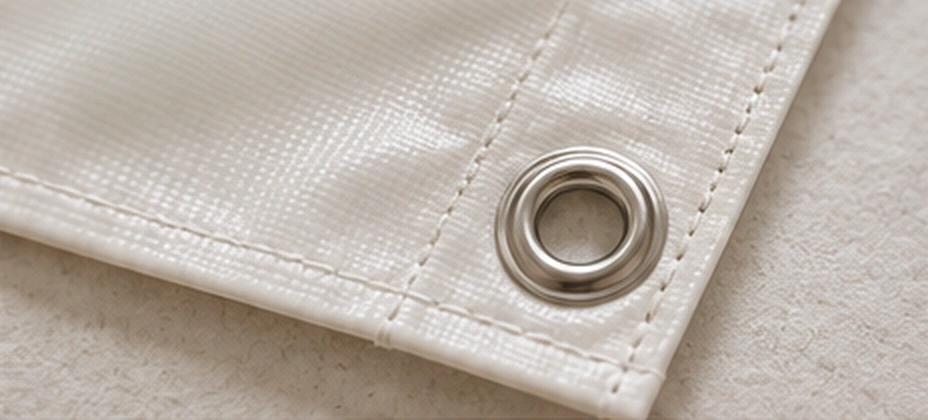 Tarpaulin edge with metal eyelet