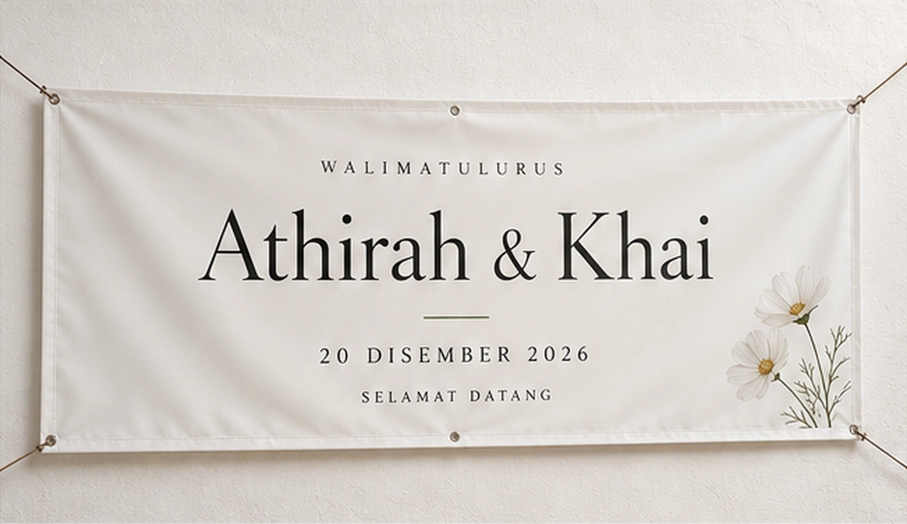 Ivory tarpaulin wedding banner for Athirah and Khai, 3 by 8 ft
